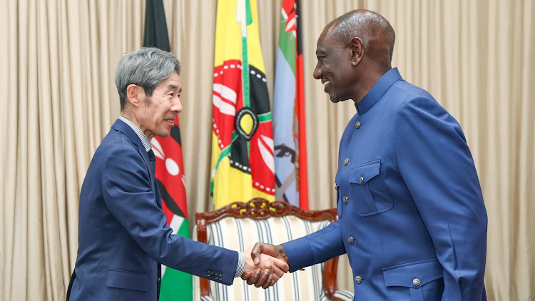 President William Ruto meets Japanese ambassador to Kenya Ken Okaniwa at State House Nairobi on October 23, 2023.