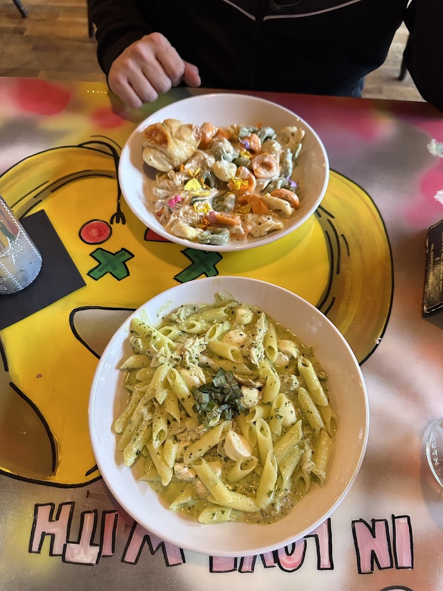 Front dish is gluten free! Back dish is Husband’s gluten pasta