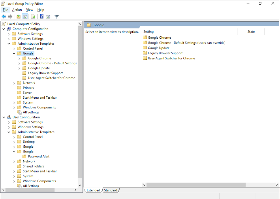 Screenshot of Chrome Enterprise Bundle files in the local Group Policy Editor on a Windows desktop