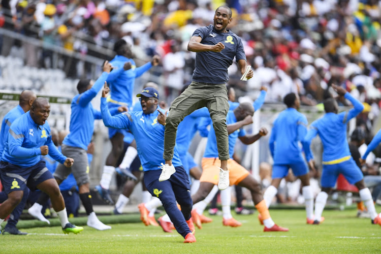Mamelodi Sundowns coach Rhulani Mokwena celebrates during the DStv Premiership match between Orlando Pirates and Mamelodi Sundowns at Orlando Stadium on February 04, 2023 in Johannesburg, South Africa.