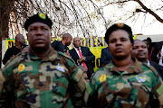 Former president Jacob Zuma, surrounded by his allies, addressed a crowd of supporters after his first day of evidence at the judicial commission of inquiry into state capture in Parktown, Johannesburg, July 15 2019