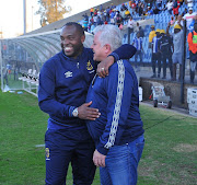 Benni McCarthy coach of Cape Town City celebrateswith Club Chairman John Comitis during the MTN 8 Quarter final match between Maritzburg United and Cape Town City on the 12 August 2018 at Harry Gwala Stadium.
