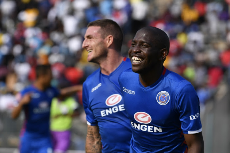 Aubrey Modiba of SuperSport United celebrates scoring a goal with .James Keene during the Absa Premiership match between SuperSport United and Black Leopards at Lucas Moripe Stadium on September 23, 2018 in Pretoria, South Africa.