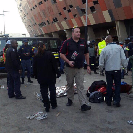 The scene outside FNB Stadium after the stampede that killed two people.