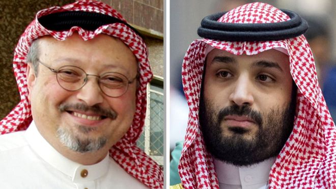 Prince Mohammed (R) says those who killed Jamal Khashoggi (L) were not acting on his orders