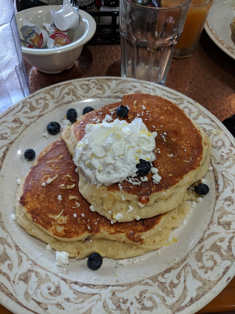 Lemon blueberry goat cheese gluten friendly pancakes. AMAZING. They're gluten friendly because of possible cross contamination. So so so good.