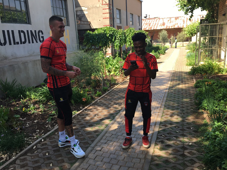New TS Galaxy striker Myer Bevans with teammate Sibongiseni Shelembe. Bevan is ready to hit the ground running.