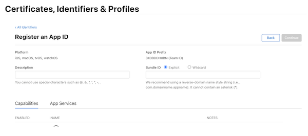 Enter an explicit app ID and unique identifier in the Bundle ID field