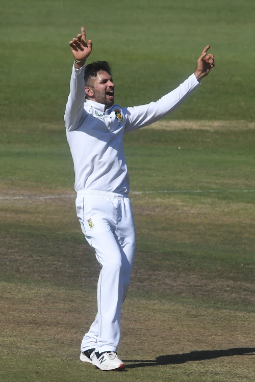 Keshav Maharaj of SA celebrates the wicket of Khaled Ahmed of Bangladesh during the second ICC WTC2 Betway Test match at St George's Park in Gqeberha