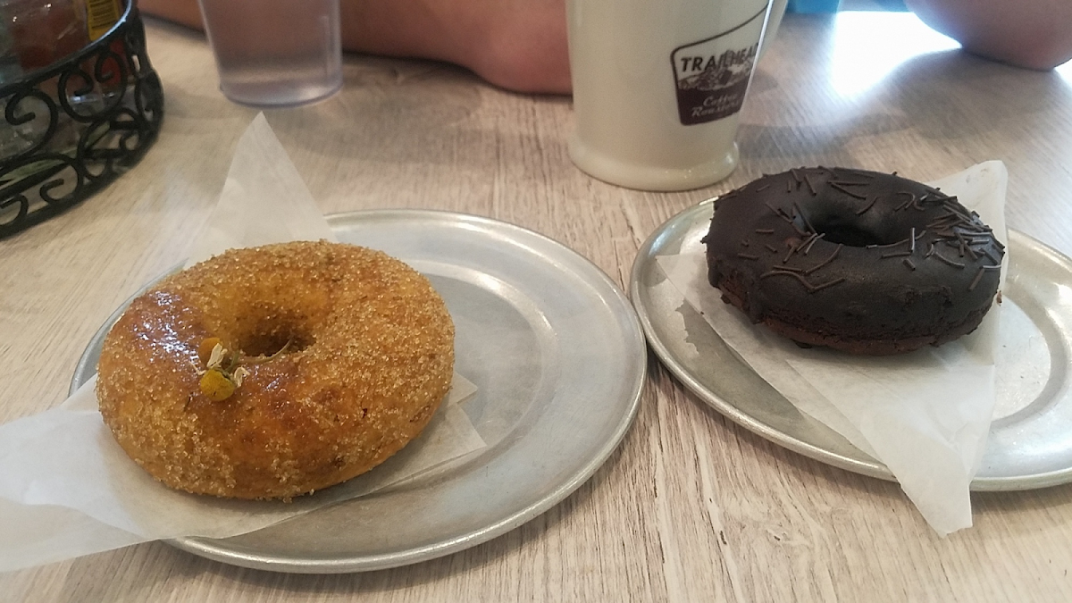 Caramel chamomile donut and a chocolate sprinkle donut!