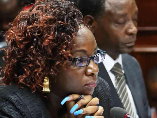 Former Youth Fund CEO Catherine Namuye appears before the Public Investments Committee where she said the fund's board chairman Bruce Odhiambo forced her to pay Sh180 million to a company contracted to deliver a fictitious ICT strategy survey on March 17,2016. Photo/HEZRON NJOROGE