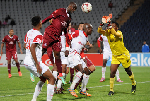 Siyabonga Nomvethe of Swallows heads at goal during the Absa Premiership match between Moroka Swallows and Free State Stars at Dobsonville Stadium on March 11, 2015 in Dobsonville, South Africa.