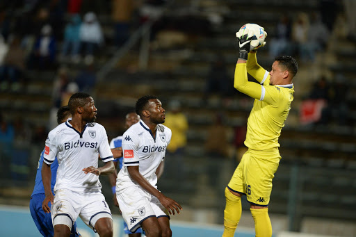 Buhle Mkhwanazi, Bongani Khumalo and Moeneeb Josephs during the Absa Premiership match between SuperSport United and Bidvest Wits at Lucas Moripe Stadium in Pretoria, South Africa.