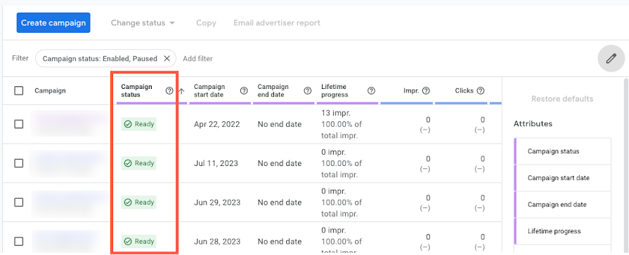 Example of the "Campaigns" section of AdMob