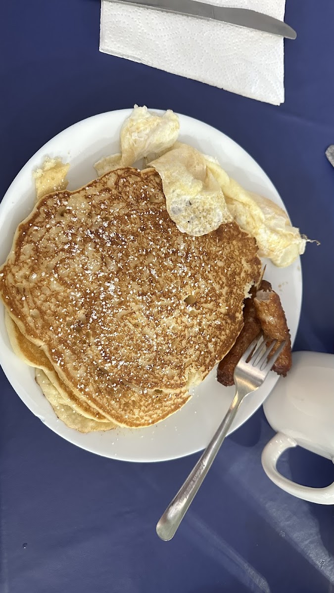 HUGE GF pancakes, eggs and homemade sausage links.  Very tasty.