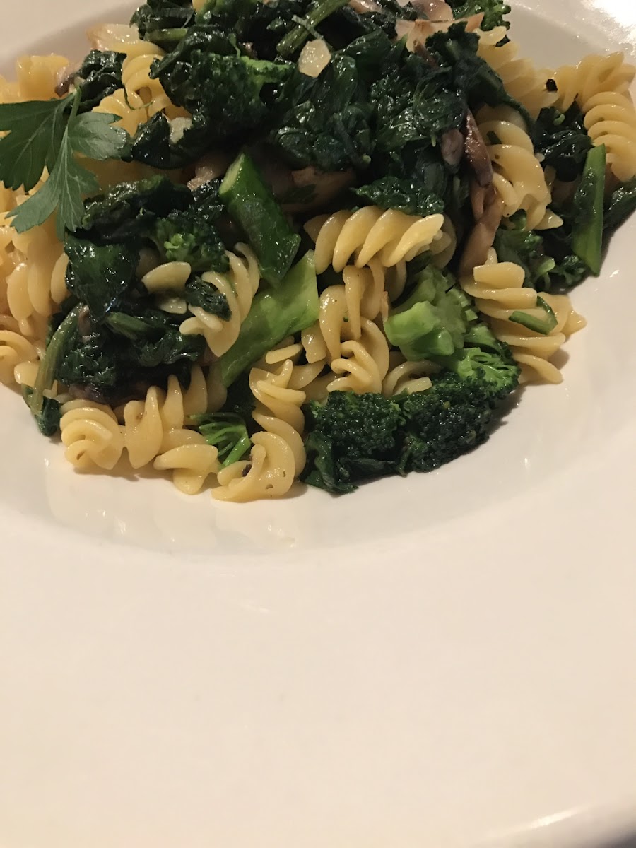 Gf pasta with truffle, broccoli, spinach and asparagus.