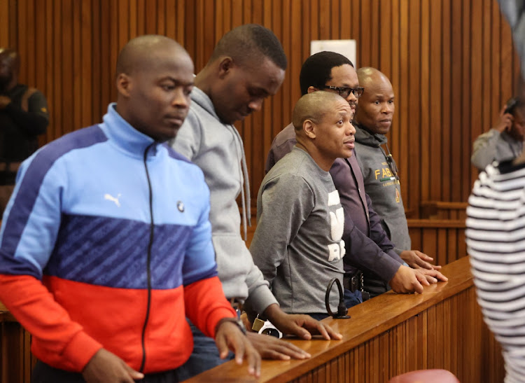The five men accused of murdering Senzo Meyiwa during the trial in the Pretoria high court. File image