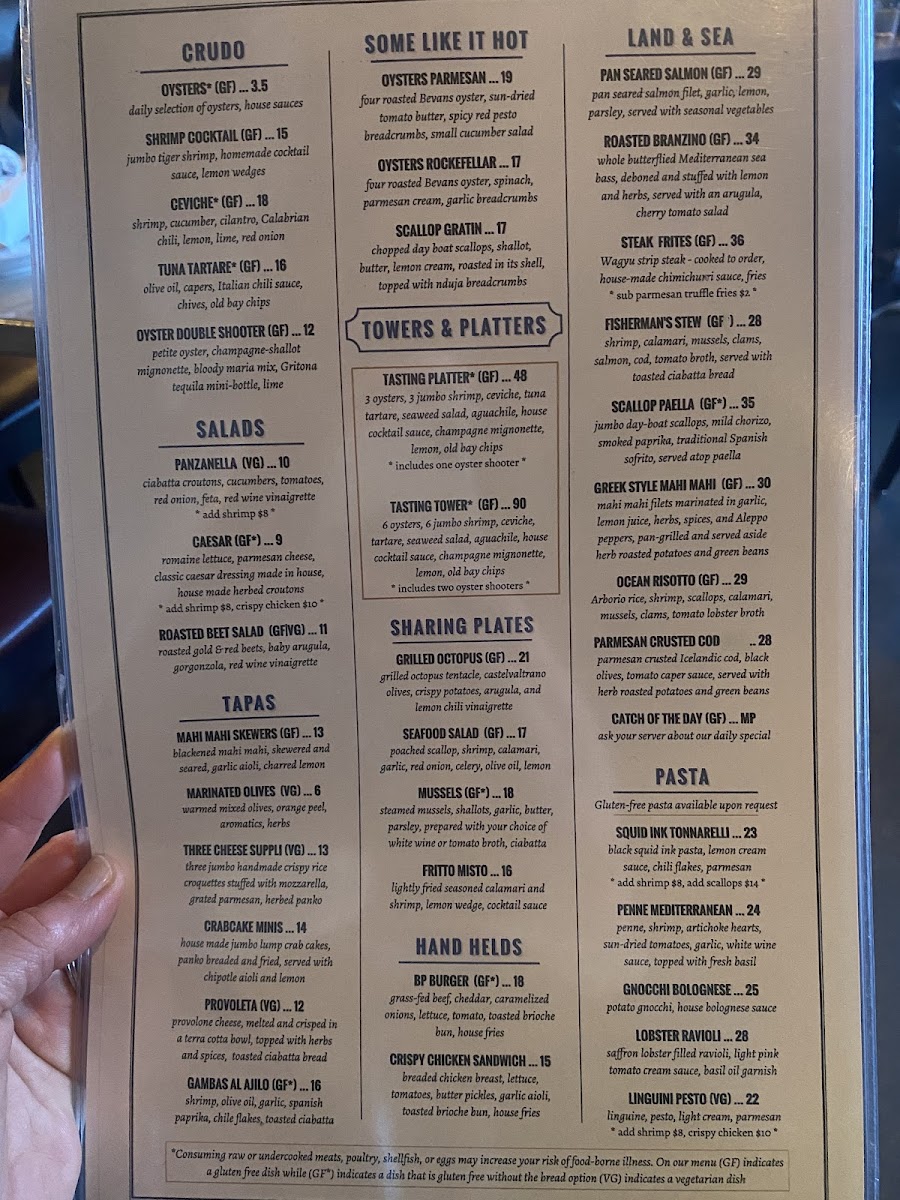 Blupoint Oyster House gluten-free menu