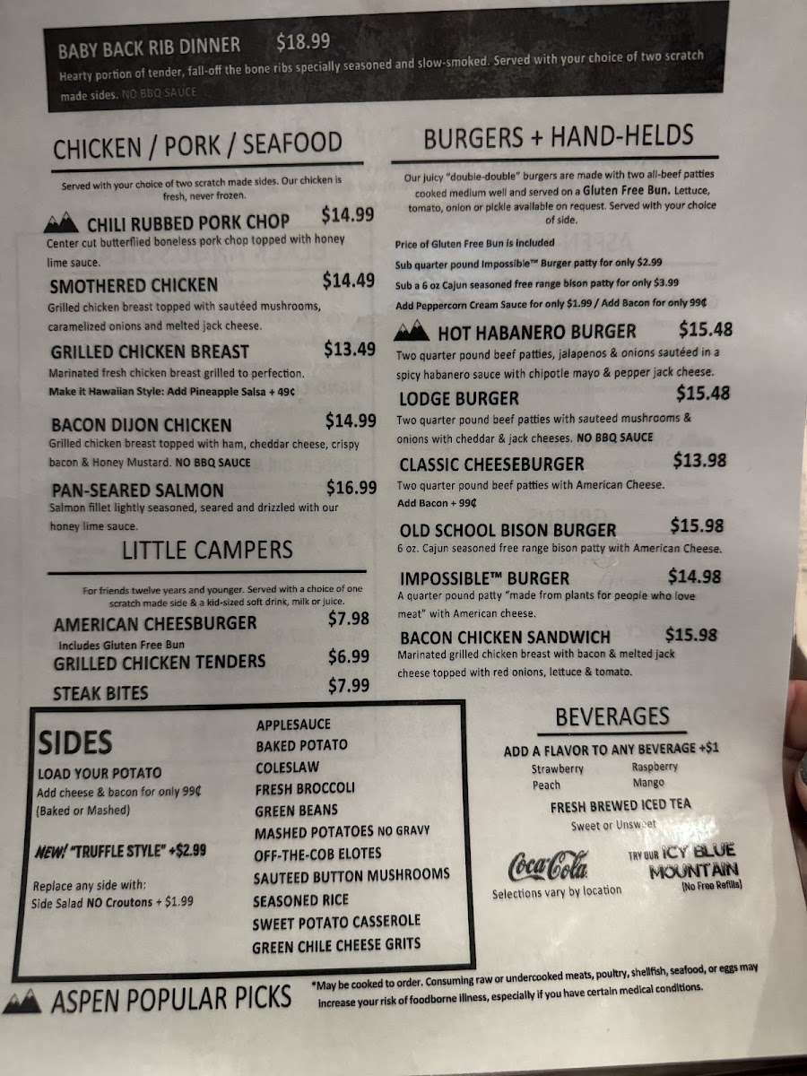 Aspen Creek Grill gluten friendly menu April 2024 page 2