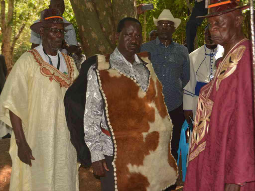 Opposition leader Raila Odinga is installed as a Luo elder during a ceremony at Got Ramogi in Bondo, Siaya county. /FILE