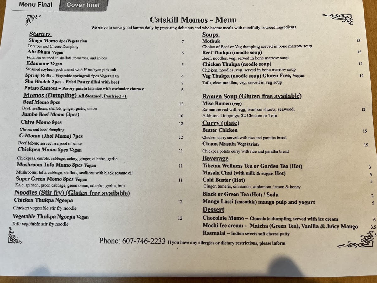 Catskill Momos gluten-free menu