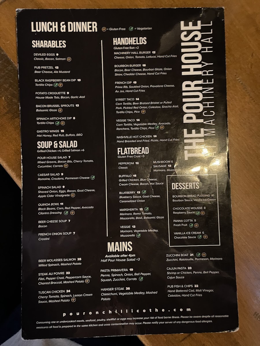 The Pour House at Machinery Hall gluten-free menu