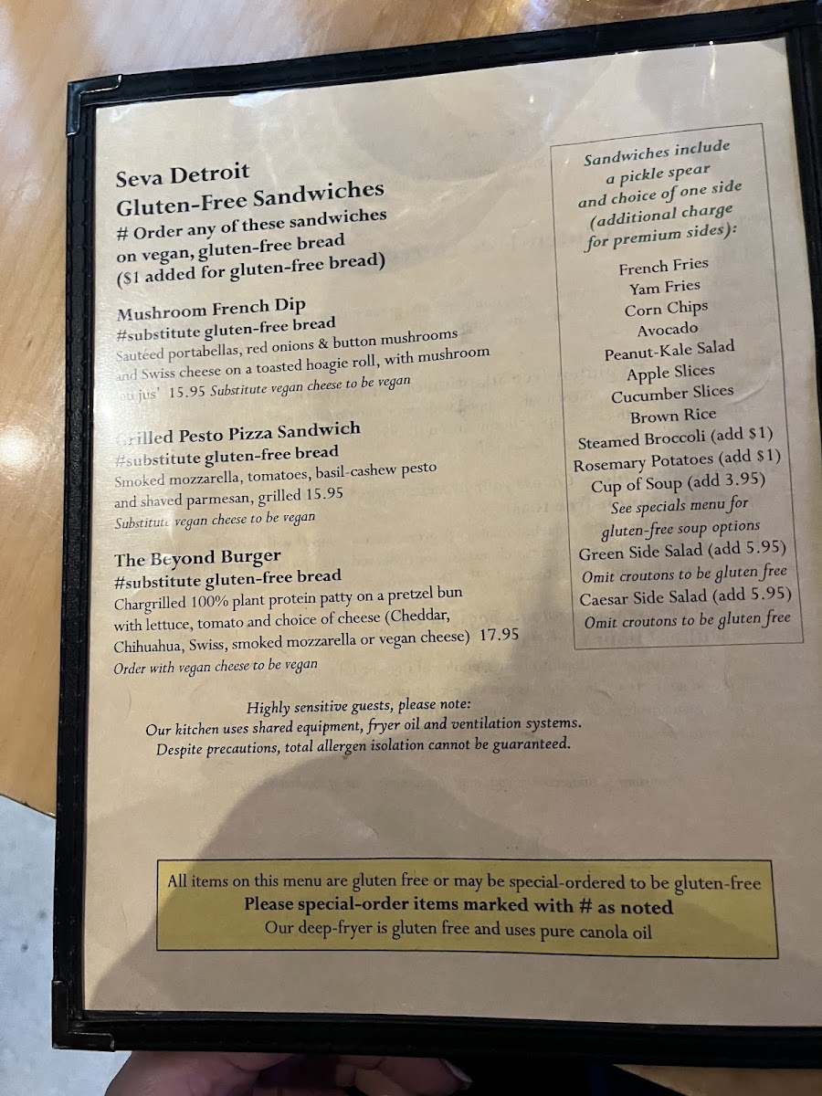Seva Detroit gluten-free menu