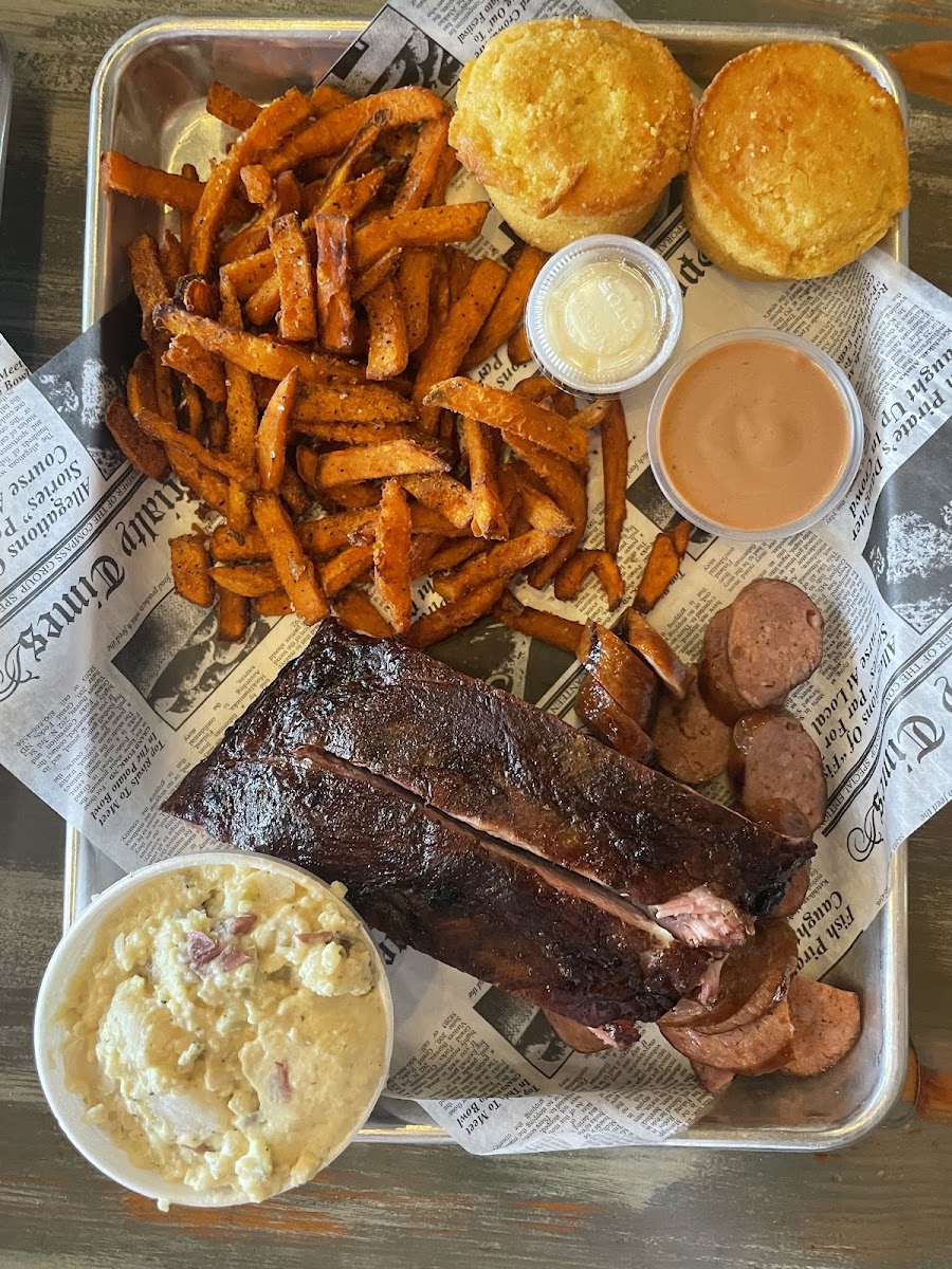 Ribs, hot links, potato salad, corn bread and the best sweet potato fries EVER