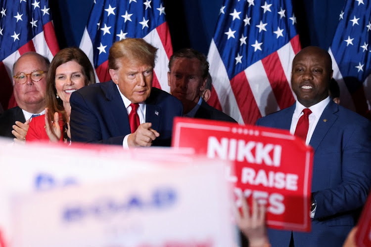 Republican presidential candidate and former US President Donald Trump gestures as he hosts a South Carolina Republican presidential primary election night party in Columbia, South Carolina, US February 24, 2024.