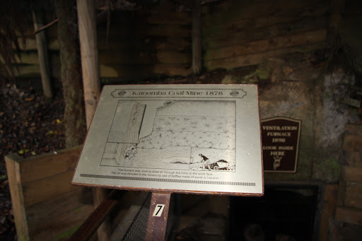 Plaque reads: 'Katoomba Coal Mine 1878 This furnace was used to draw air through the mine to the work face. The air was directed to the miners by use of baffles made of wood or hessian' Submitted...