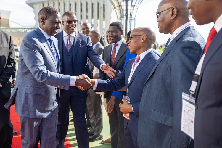 President William Ruto greets Safaricom CEO Peter Ndegwa after arriving at Uhuru Gardens, Nairobi for the opening of Connected Africa Summit 2024 on April 22, 2024.
