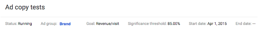 Ad copy test results summary bar that lists Status, link to ad group, Goal, Significance threshold, and the Start and End dates