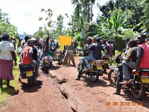 Residents of Ndia Constituency, Kirinyaga West Sub County protest over the poor state of the Gacharu-Kiandai-Kianjang'a road on Satruday, May 26. /COURTESY