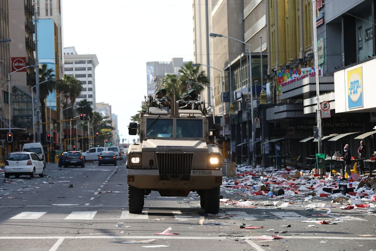 The SANDF on patrol in Durban during the riots and looting in July 2021. Picture: SANDILE NDLOVU