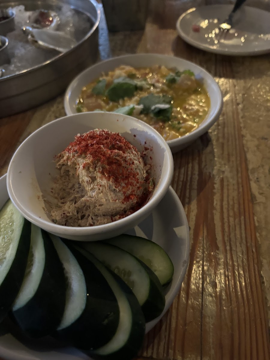 Tuna dip with cucumbers and ceviche