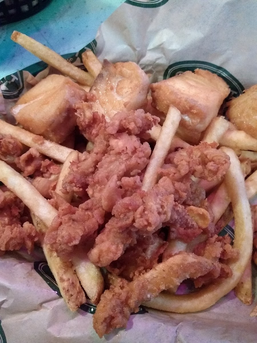 GF fish n chips and clam strips.