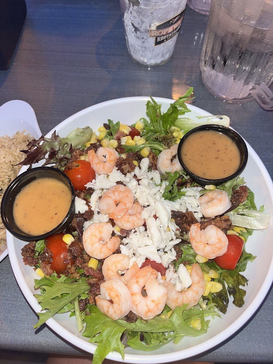 The seafood cobb salad! Lump crab meat, shrimp, bacon, corn, tomatoes and a choice of dressing. I got balsamic and no blue cheese crumbles on mine