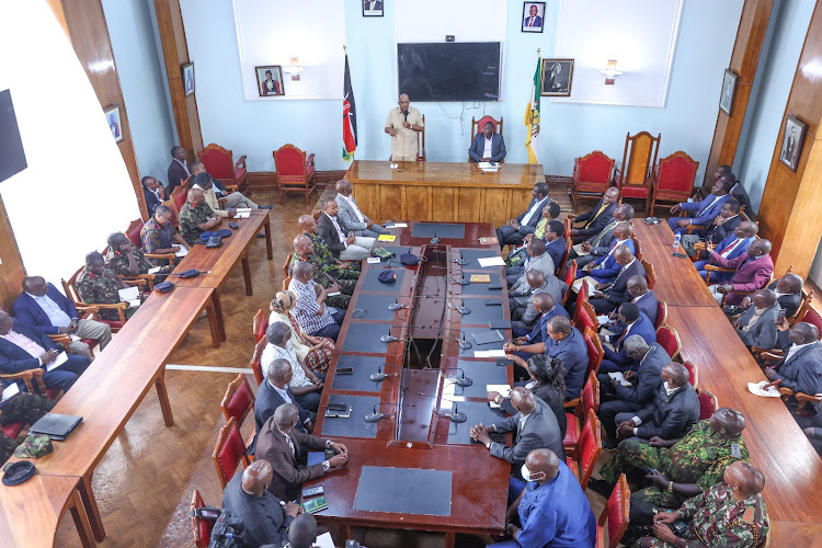 Defence Cabinet Secretary Aden Duale chairing a meeting with Uasin Gishu county leadership, the Ministry of Lands, Residents and National Government Administration Officials in Eldoret on March 28, 2024