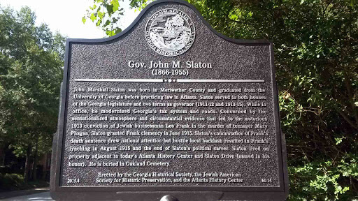 Gov. John M. Slaton 1866-1955 John Marshall Slaton was born in Meriwether County and graduated from the University of Georgia before practicing law in Atlanta. Slaton served in both houses of the...