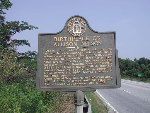 One mile north where Sandy Creek flows into the Chattahoochee River, was the house of John B. Nelson, owner of Nelson´s Ferry in the 1820´s. His son, Allison Nelson was born there March, 1822....