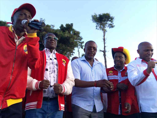 Meru Senator Kiraitu Murungi (second left) and Igembe South MP Mithika Linturi during their meeting in Githongo, Central Imenti, May 8, 2017. /DENNIS DIBONDO