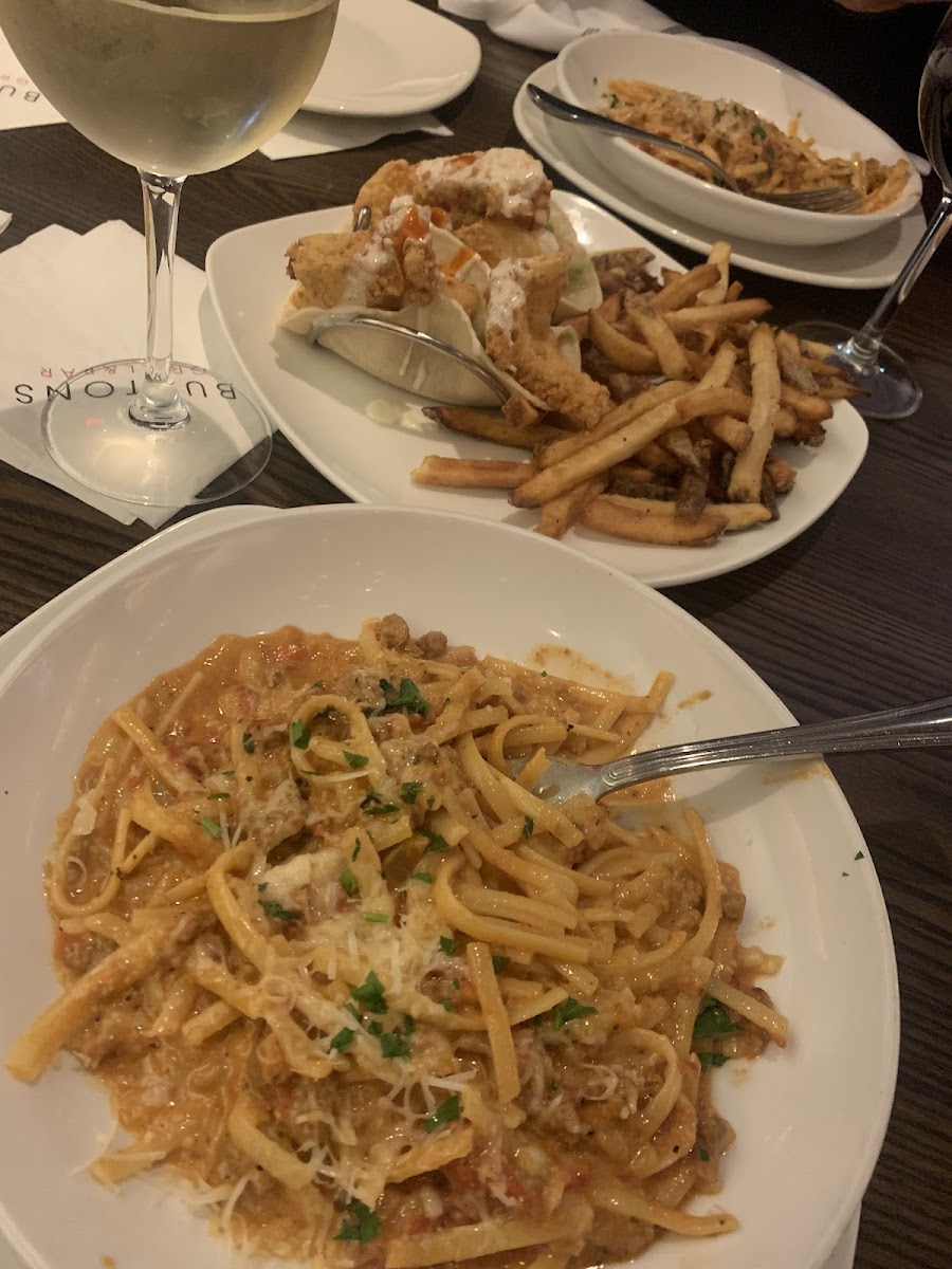 Spagetti with meat sauce, french fries and fish tacos all GF!