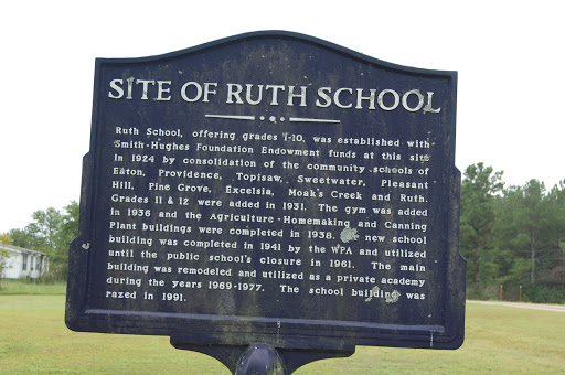 Ruth School, offering grades 1-10, was established with Smith-Hughes Foundation Endowment funds at this site in 1924 by consolidation of the community schools of Eaton, Providence, Topisaw,...
