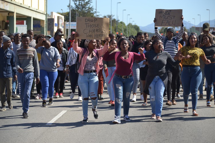 About 200 students carried placards and sang as they made their way to the Eastcape Midlands TVET College’s head office in Uitenhage on Monday.