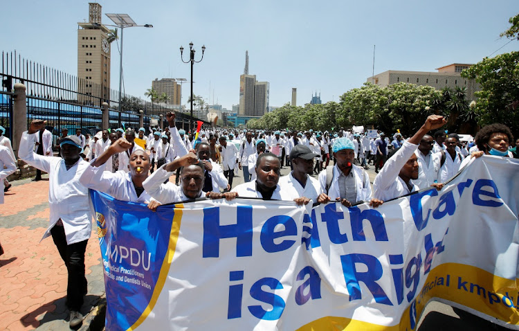 Medical practitioners participate in a demonstration against the government’s failure to hire trainee doctors in Nairobi, Kenya, on March 22 2024. Picture: REUTERS/MONICAH MWANGI