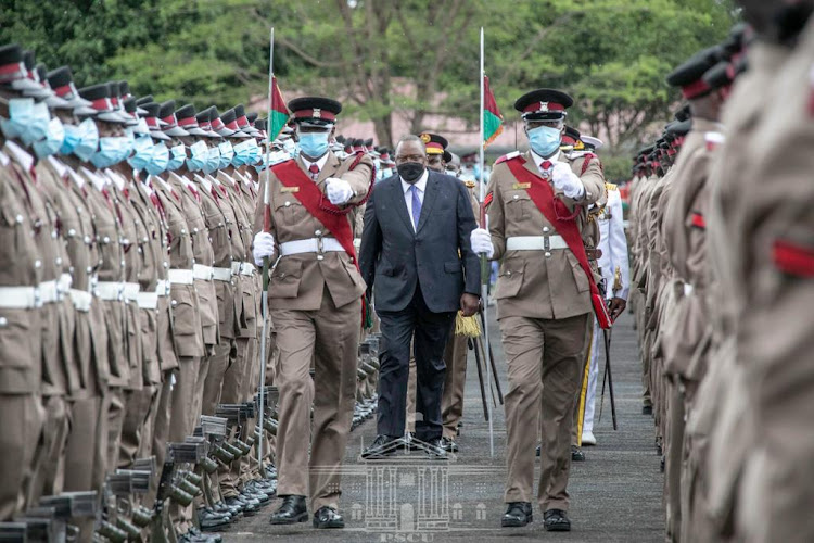 President Uhuru Kenyatta when he presided over the 57th passing out parade of 2,619 new administration Police officers at their Embakasi A Campus in Embakasi, Nairobi County.