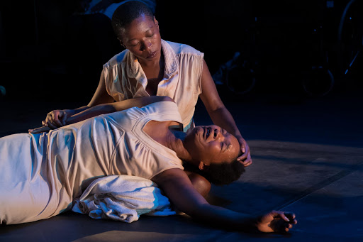 Indalo Stofile and Chuma Sopotela perform in the theatre production Oomasisulu at the Box theatre in the Rhodes Drama Department on the 30th of June at the 2016 National Arts Festival in Grahamstown. The theatre production was directed by Warona Seane