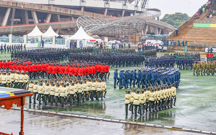 Tanzanian People's Defence Forces mount a guard of honour at the 60th anniversary of the union between the former Republic of Tanganyika and the People’s Republic of Zanzibar, in Dar es Salaam, Tanzania on April 26, 2024.