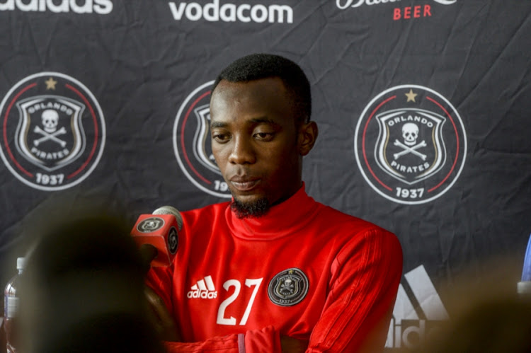 Orlando Pirates and Zambia striker Justin Shonga speaks to the media in Johannesburg, South Africa in February 26, 2018 .