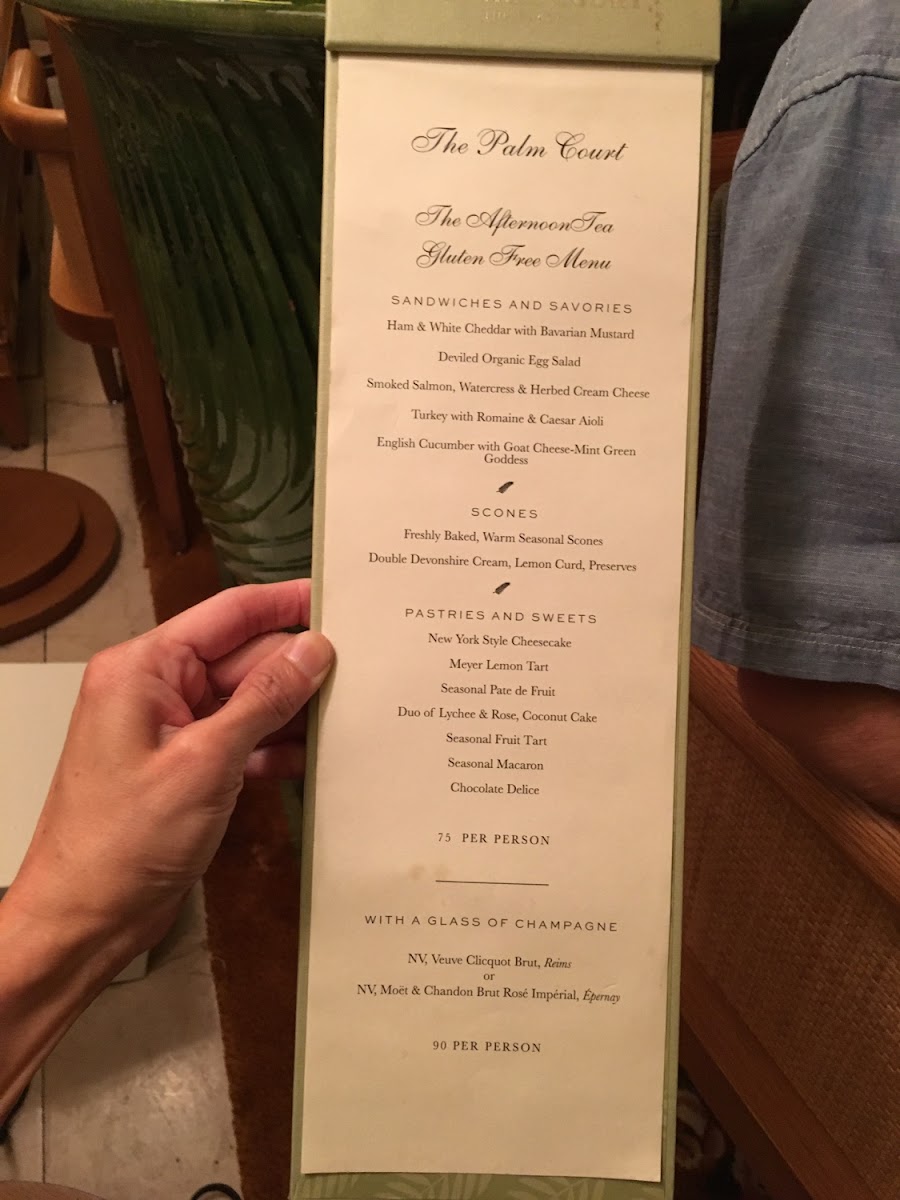 Gluten Free Menu for afternoon tea at the Plaza Hotel